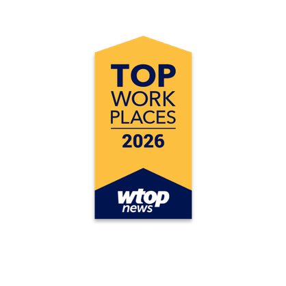 Vertical gold and navy badge reading 'TOP WORK PLACES 2026' with the WTOP News logo at the bottom.