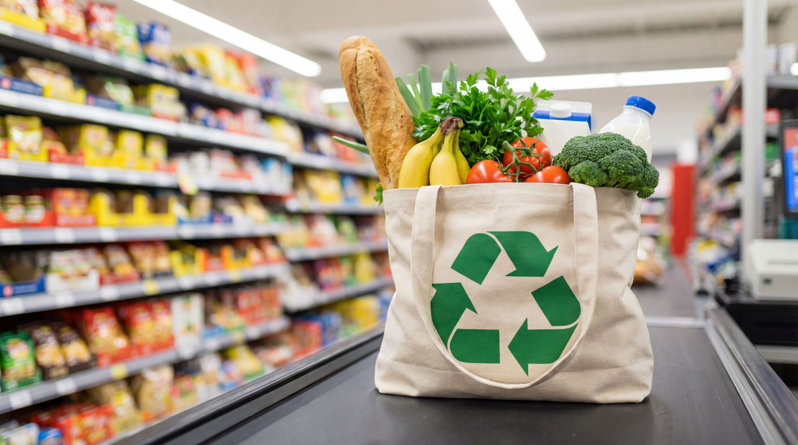 Reusable shopping bag filled with groceries (baguette, bananas, tomatoes, broccoli, parsley, milk) at a grocery store checkout conveyor.
