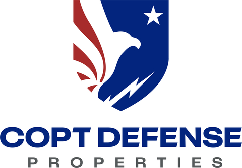 COPT Defense Properties logo: blue shield with white eagle figure and star, plus bold blue 'COPT DEFENSE' text and gray 'PROPERTIES' beneath.