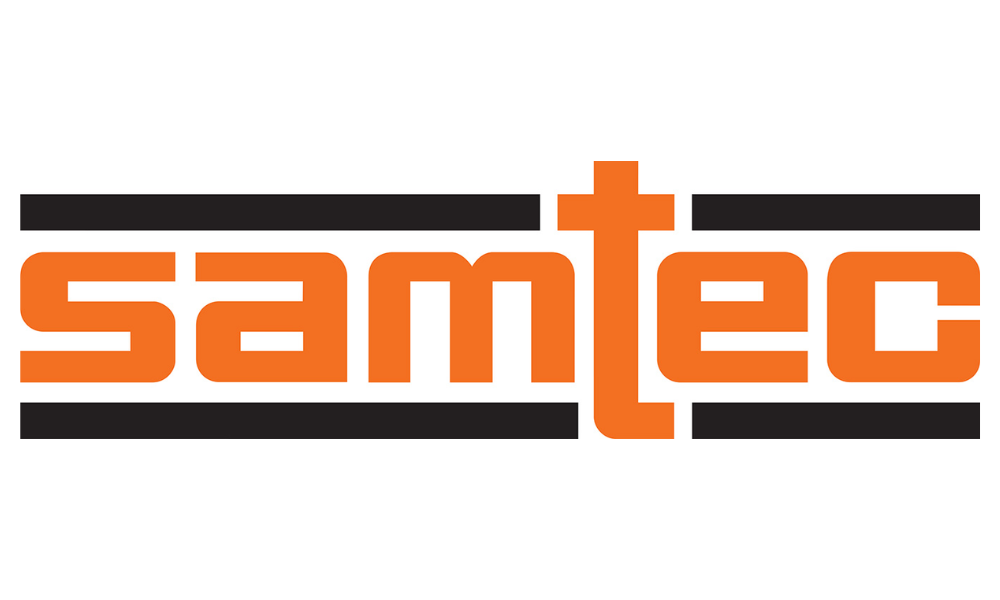 Samtec brand logo in orange with stylized text framed by black horizontal bars.